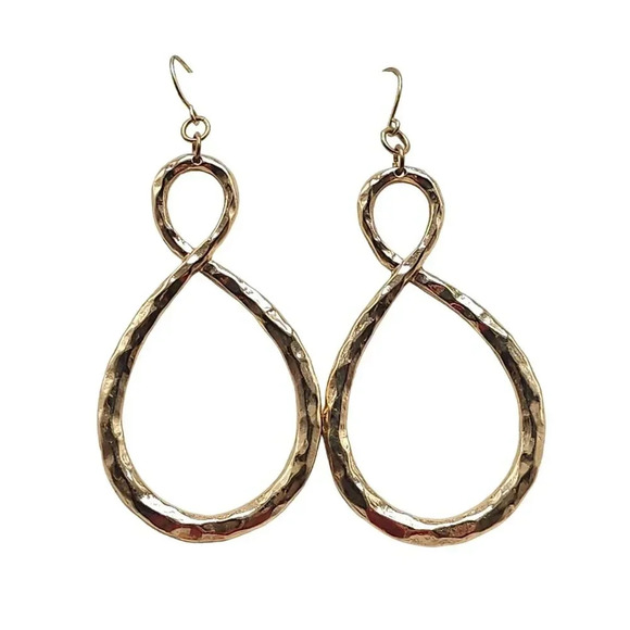 Hammered Twist Infinity Teardrop Dangle Earrings Hook Closure Gold Tone Vintage - Picture 1 of 4